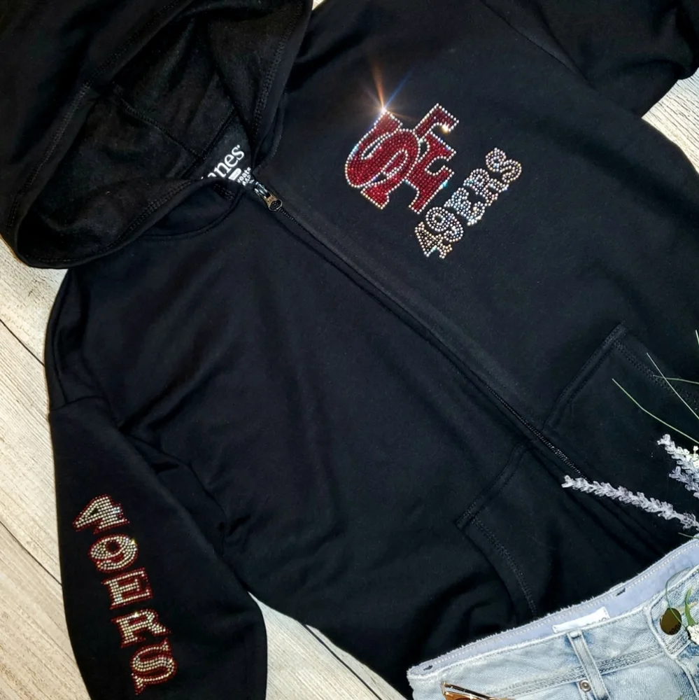 New San Francisco 49ers Rhinestone Zip Up Hoodie Unisex S thru XL - Picture 2 of 7